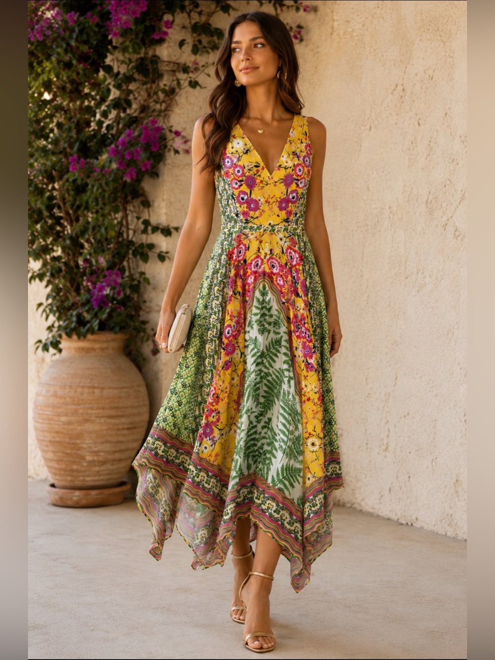 SALONI luxe silk Dress Yellow green pink Floral Wedding Guest occasion resort 8